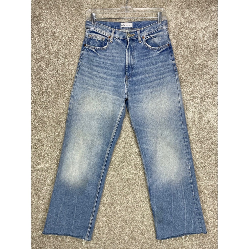 Zara High Rise Straight Leg Jeans Womens 4 Medium Wash Raw Hem Streetwear Denim